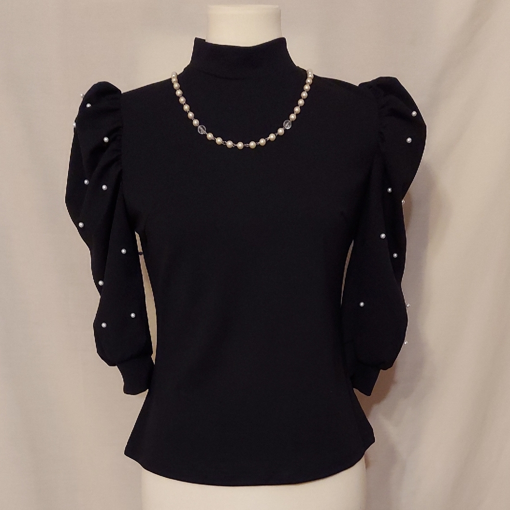 Elegant Black Mock Neck Top with Three-quarter Pearl Embellished Sleeves